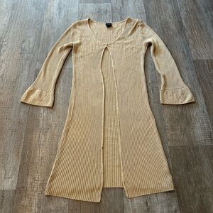 Long Tan Ribbed Knit Cardigan with Bell Sleeves Boho Open-Front